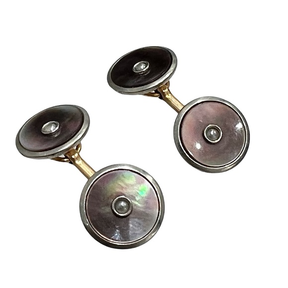 Larter Art Deco Cufflink Set: Gold, Abalone & Platinu… - Gem ANTIQUE LARTER & SONS MOTHER OF PEARL/ABALONE ROLLED GOLD DOUBLE SIDED CUFFLINKS